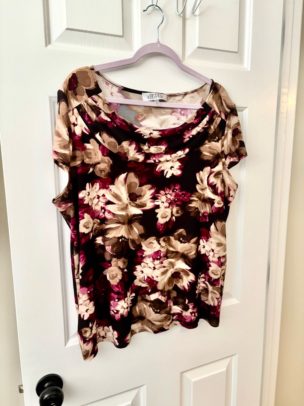 Kasper Black Floral Cowl-Neck Short Sleeve Top with Wine Accents